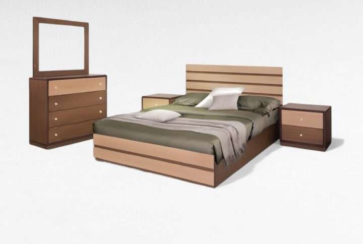 Ξύλινη κρεβατοκάμαρα διχρωμίας με κομοδίνα και συρταριέρα – Έπιπλα Γιαννητσάνης